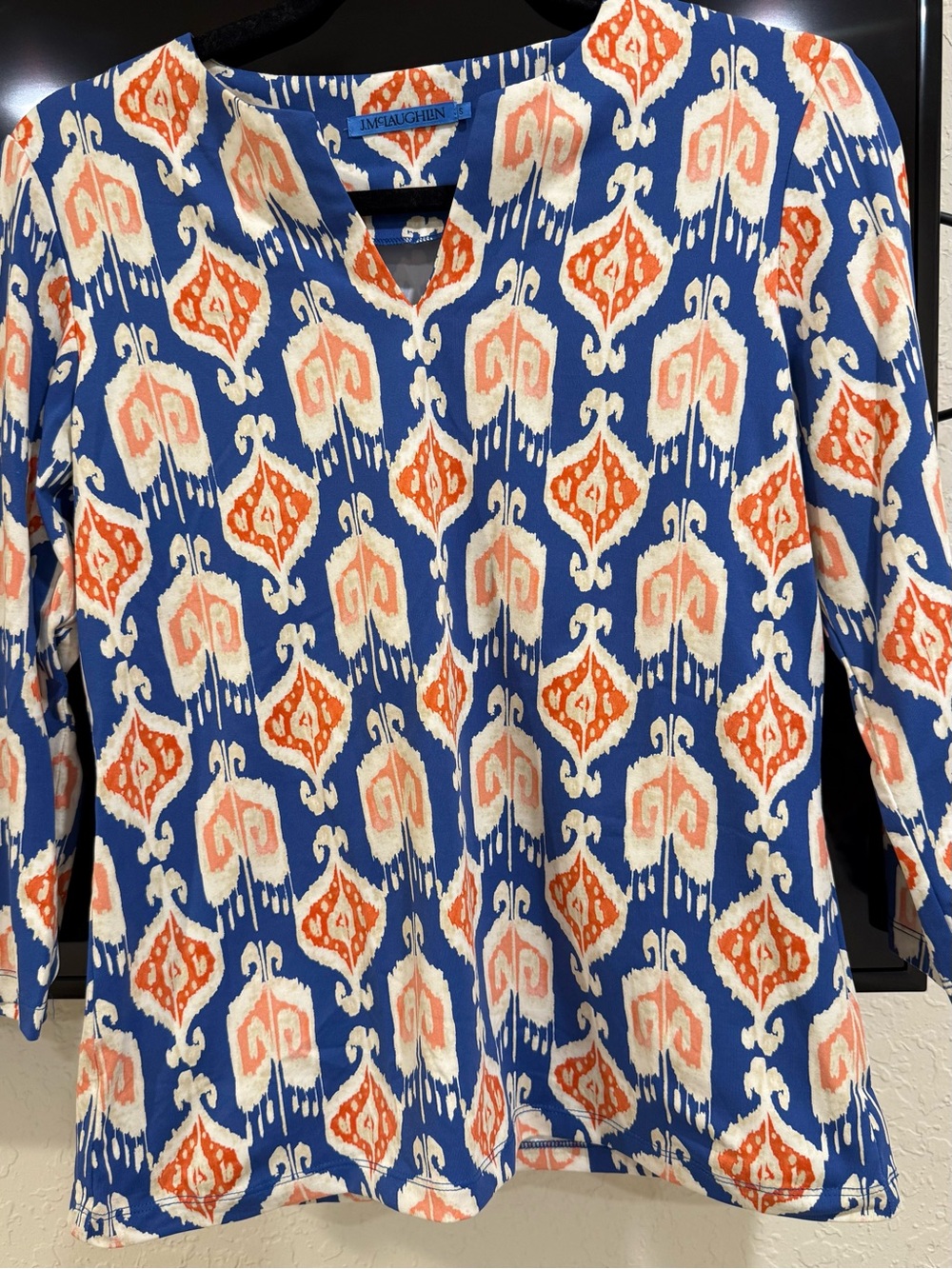 J. McLaughlin Blue Ikat Print V-Neck Women’s Top